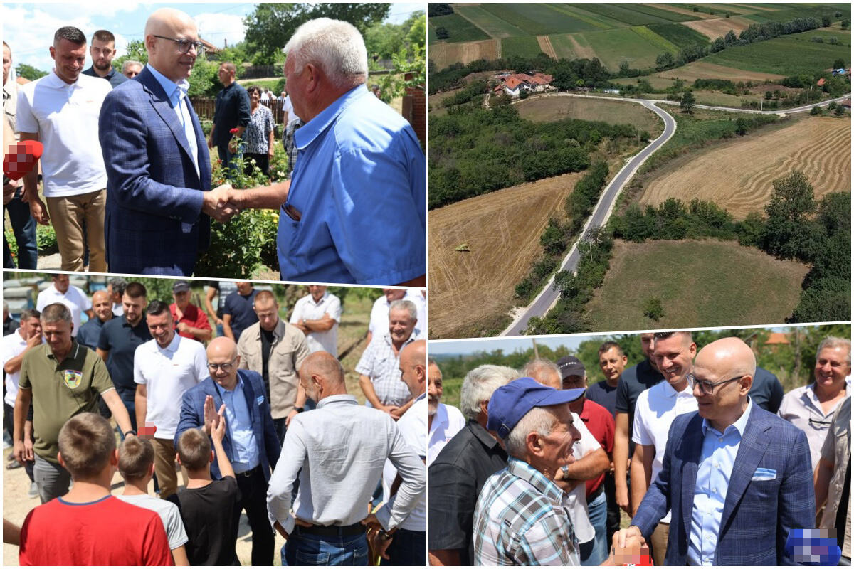 Kolaž fotografija sa posete: Miloš Vučević se rukuje sa meštanima sela i snimak novog asfaltnog puta iz vazduha