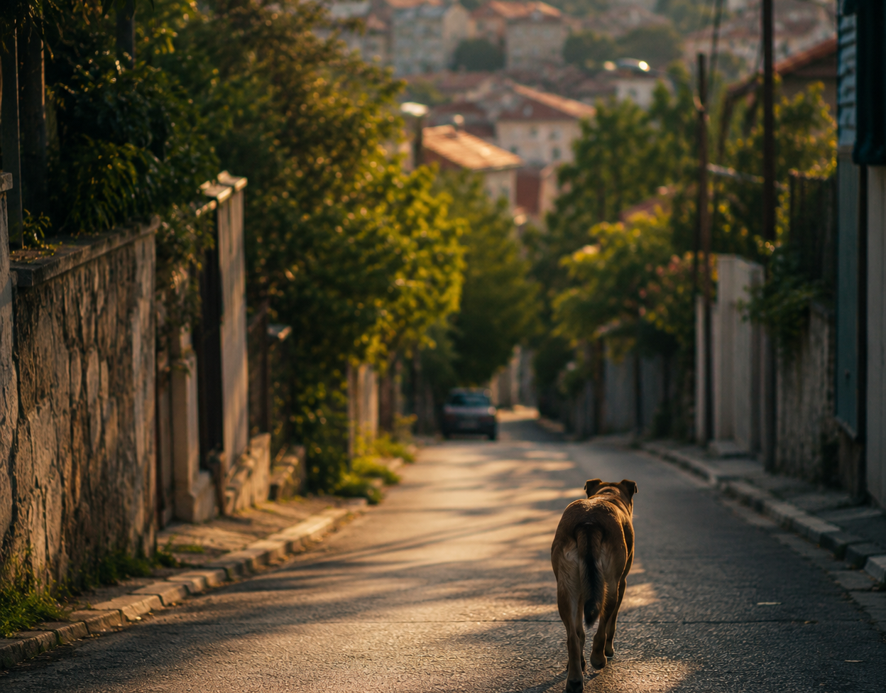 Pas hoda niz osunčanu ulicu sa pogledom na krovove Beograda u pozadini