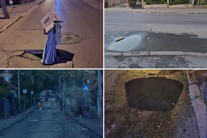 Kolaž fotografija rupa i ulegnuća u kolovozu Vitanovačke ulice, sa zatvorenim delom ulice i saobraćajnom signalizacijom