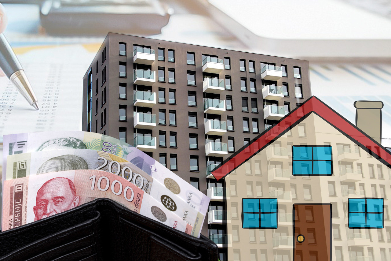 Novčanik sa novčanicama od 1000 i 2000 dinara ispred stambene zgrade i ilustracije kuće