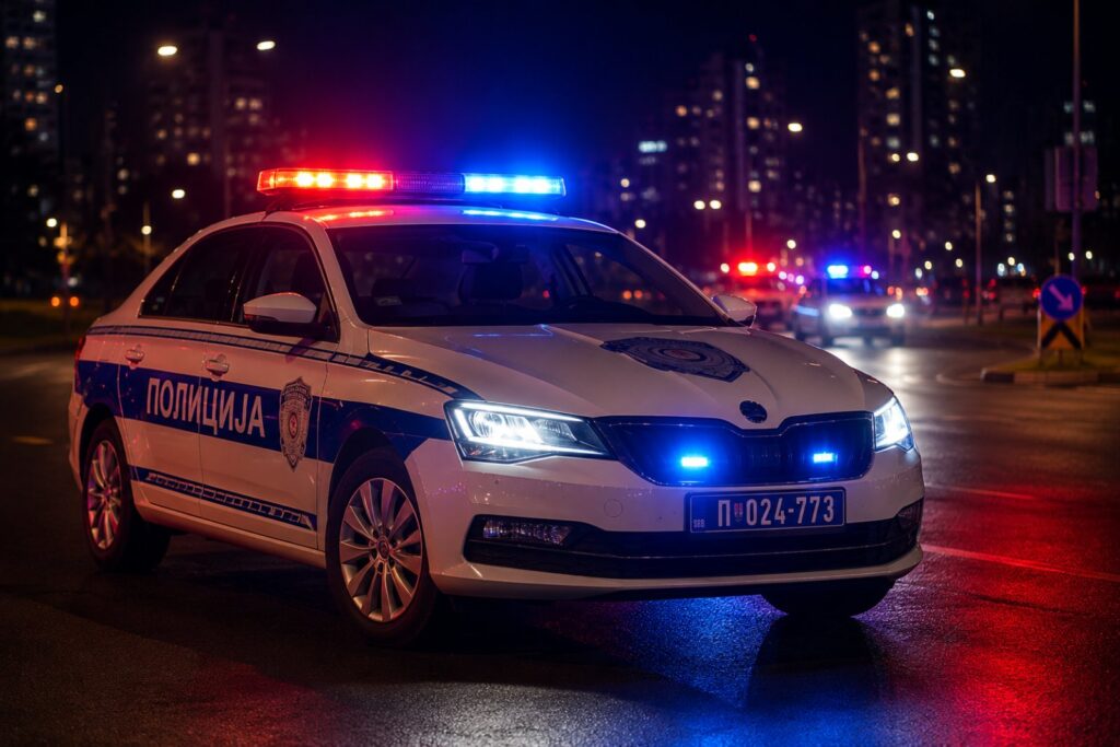 Policijski automobil sa uključenim rotacionim svetlima na ulici u večernjim satima