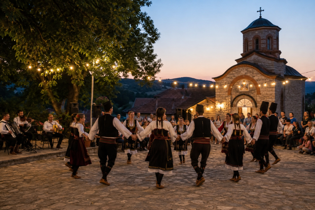 Igrači u narodnoj nošnji igraju kolo u porti crkve u letnje predvečerje, uz orkestar sa harmonikom i sijalice razapete iznad platoa