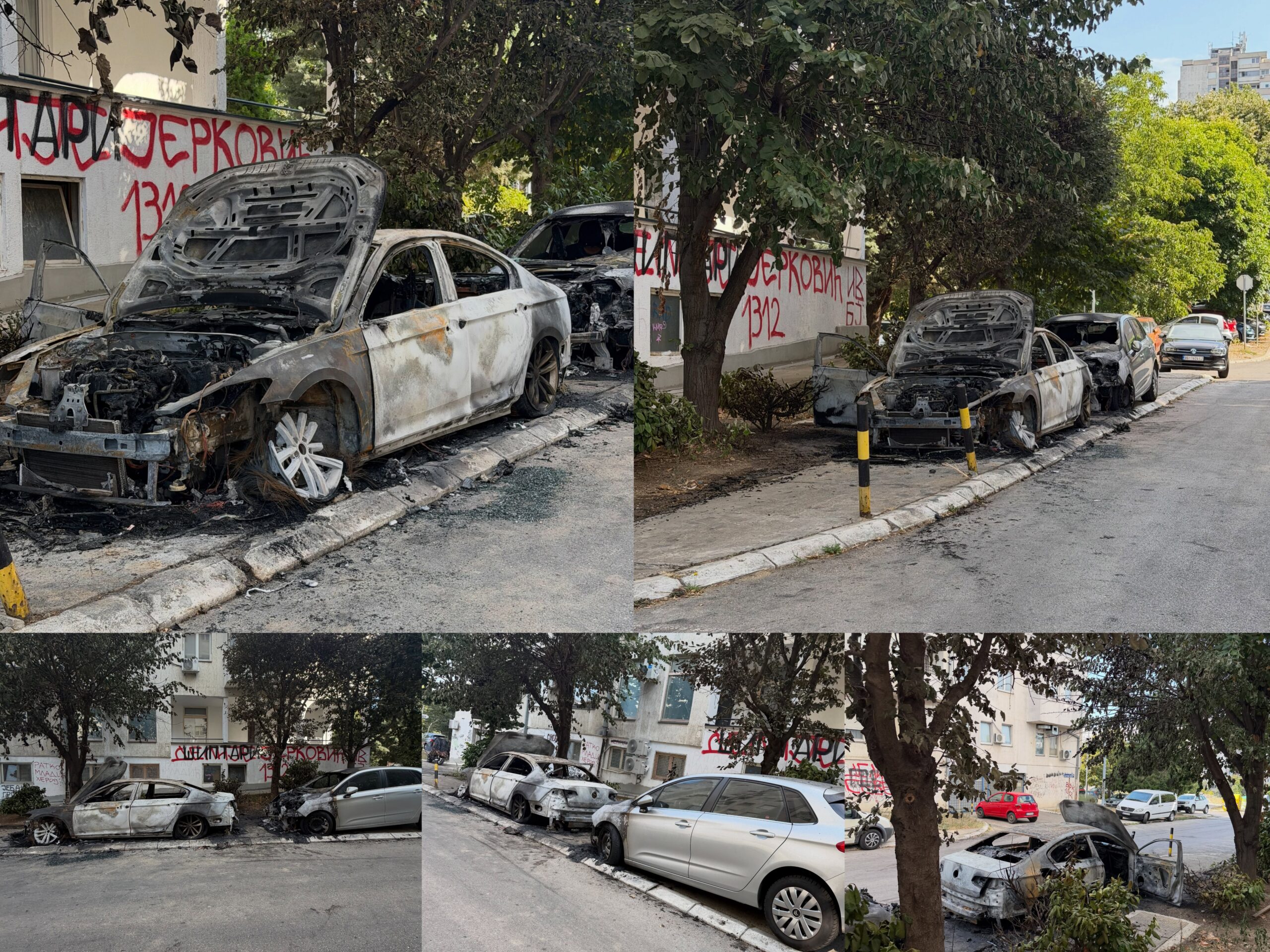 Kolaž od četiri fotografije izgorelih automobila parkiranih uz ivičnjak u Zaplanjskoj ulici