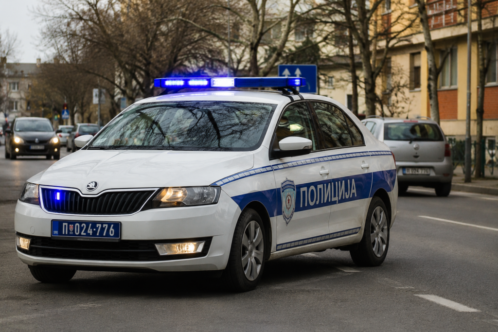 Policijsko vozilo sa upaljenim rotacionim svetlima na beogradskoj ulici