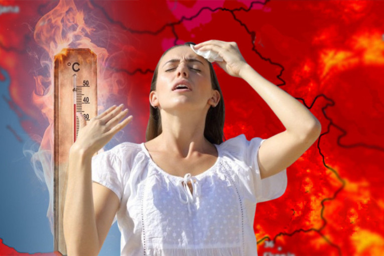 Žena briše znoj sa čela ispred termometra i crvene temperaturne mape Balkana