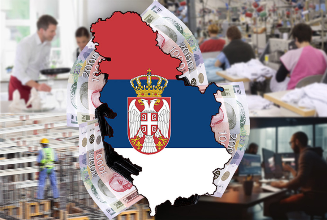 Karta Srbije u bojama zastave sa novčanicama, u pozadini radnici na različitim poslovima