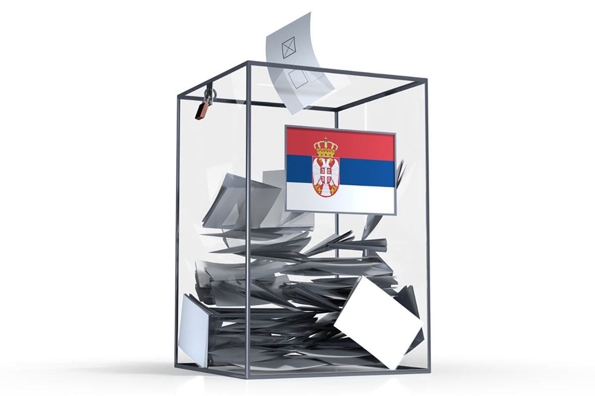 Providna glasačka kutija sa zastavom Srbije i ubačenim listićima, ilustracija