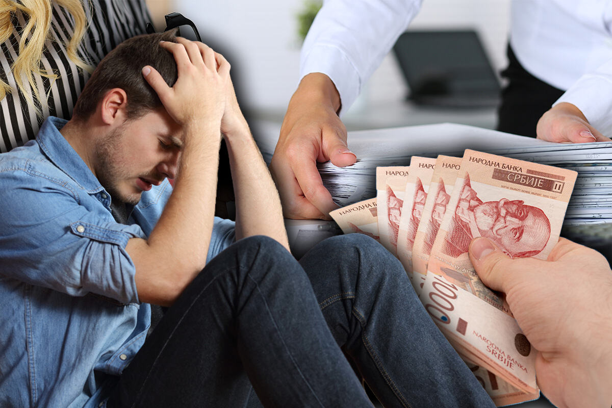 Kolaž sa zabrinutim muškarcem i rukom koja drži novčanice od 1.000 dinara