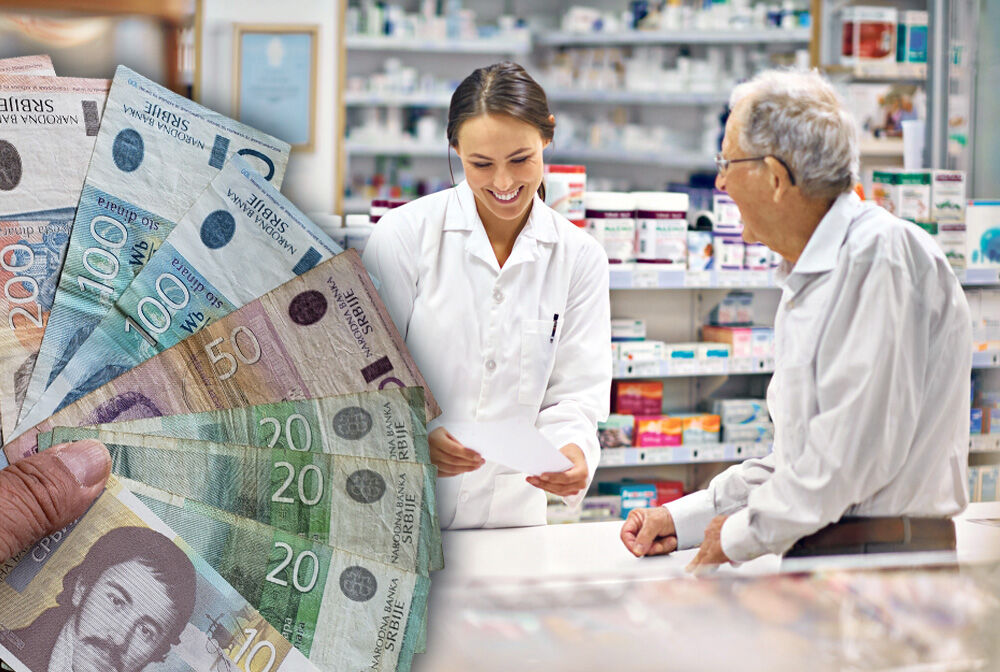 Farmaceutkinja i stariji muškarac za pultom apoteke, levo novčanice dinara