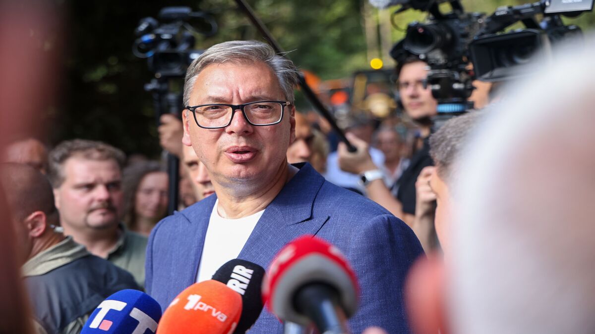 Aleksandar Vučić govori novinarima ispred grupe mikrofona i kamera