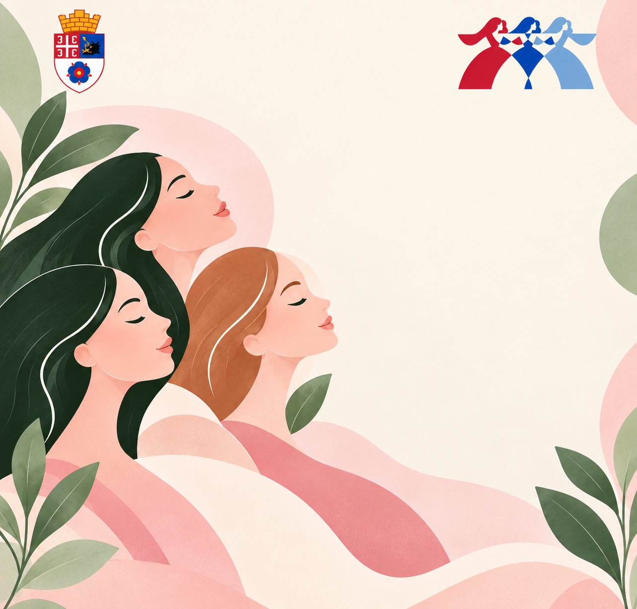 Ilustracija tri žene zatvorenih očiju okružene zelenim listovima