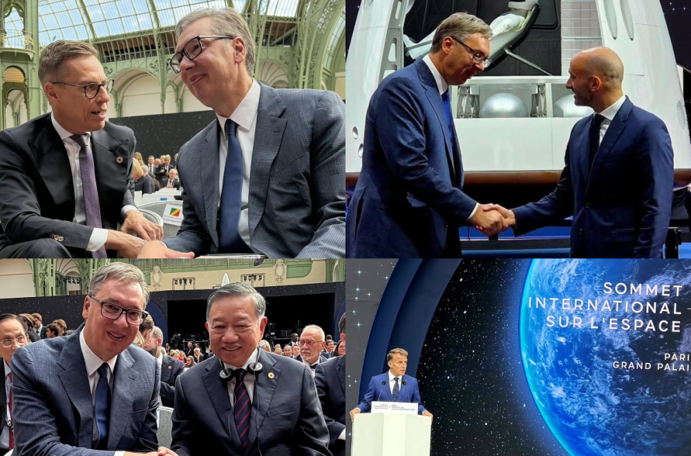 Kolaž sa samita: Vučić u razgovorima sa stranim državnicima i Makron za govornicom u Grand Paleu