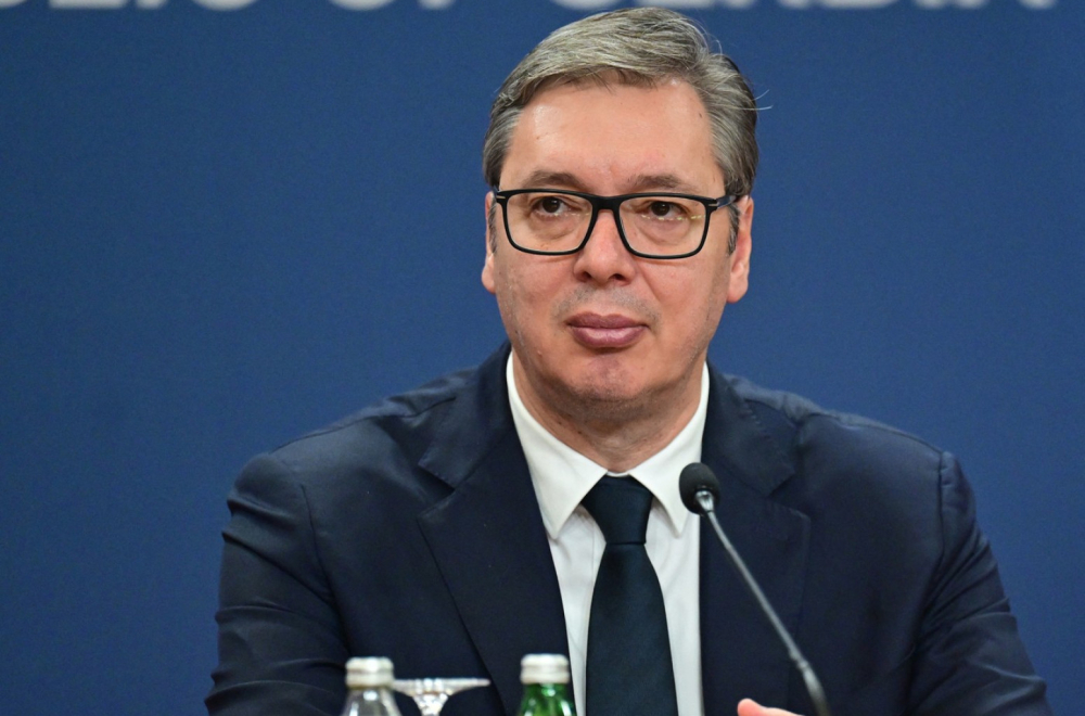 Predsednik Aleksandar Vučić za govornicom tokom konferencije za medije