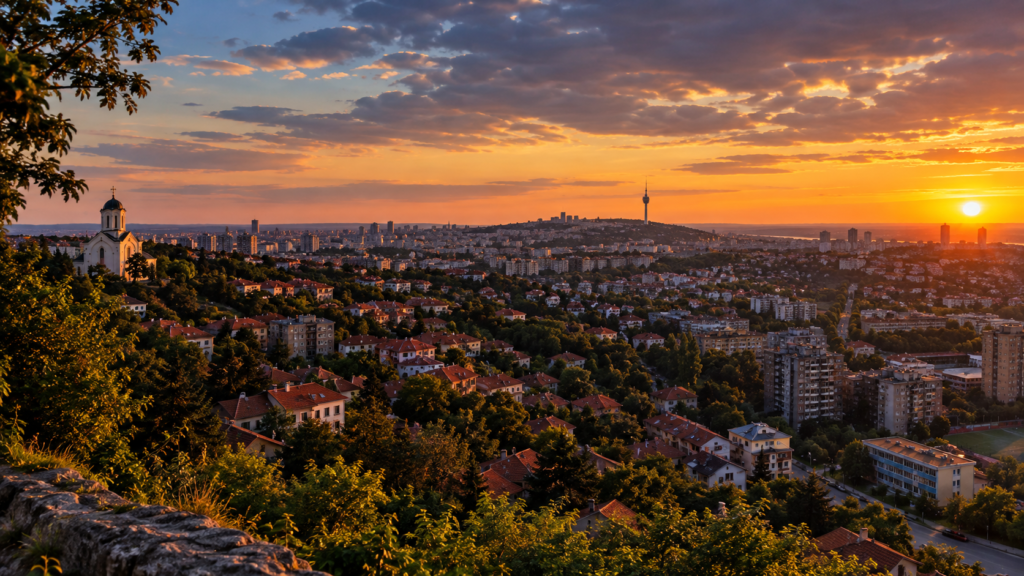 Panorama Voždovca u zalazak sunca, sa crkvom u prvom planu i tornjem na Avali u daljini