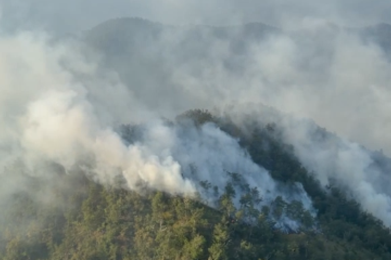 Vazdušni snimak požara na pošumljenom planinskom grebenu, gust dim se širi preko padina