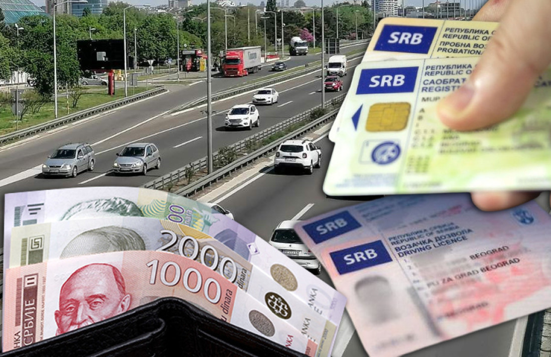 Kolaž: vozačka i saobraćajna dozvola u ruci, novčanice dinara i auto-put sa automobilima