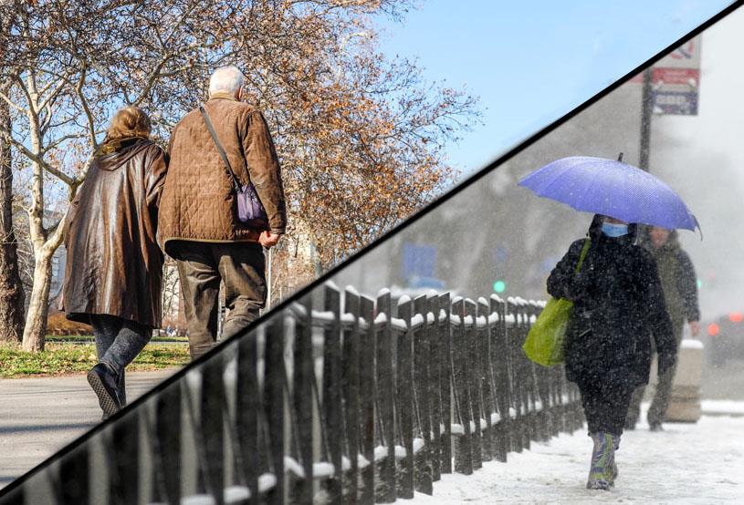 Dijagonalno spojene fotografije, stariji par u jesenjoj šetnji i žena sa kišobranom po snegu