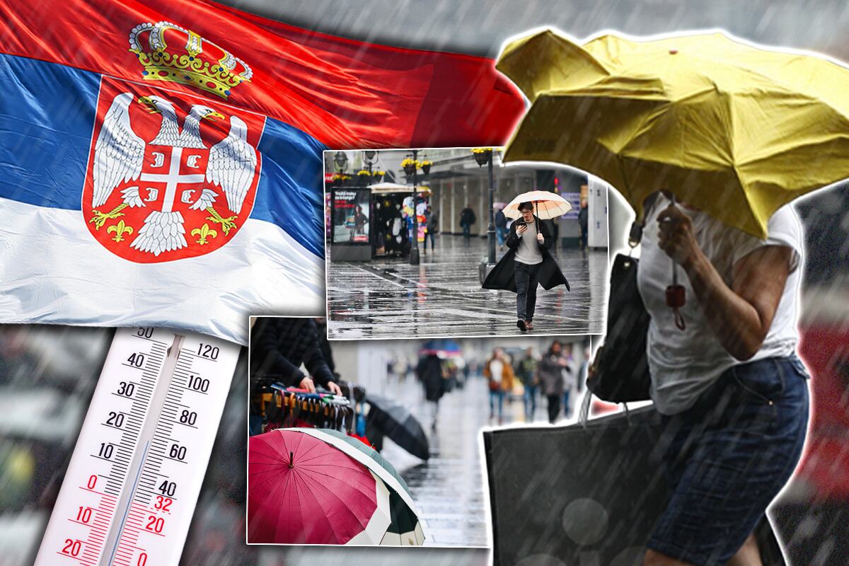 Kolaž sa srpskom zastavom, termometrom i ljudima sa kišobranima na kiši