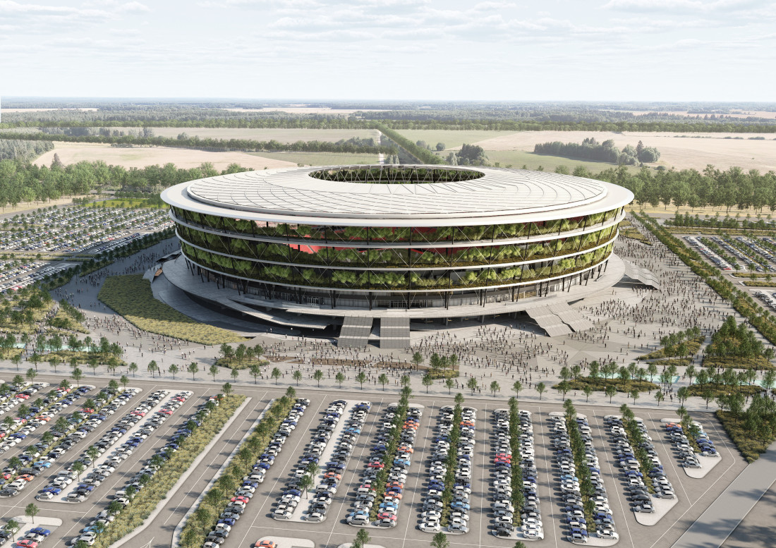 Vizuelizacija velikog kružnog stadiona okruženog parkinzima i zelenilom