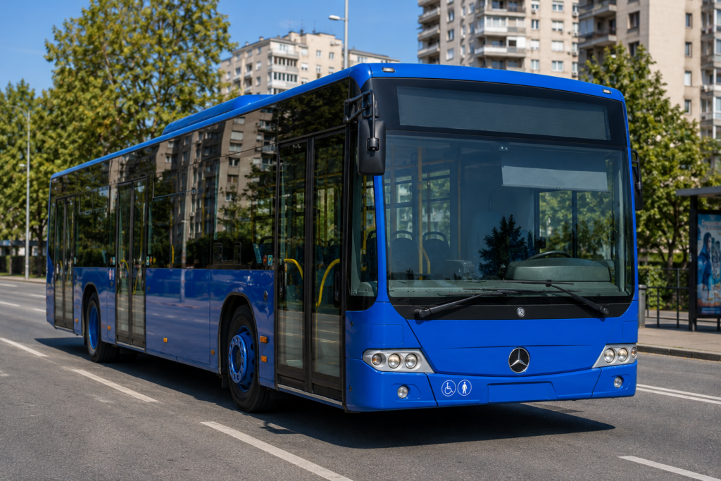 Plavi gradski autobus na ulici ispred stambenih zgrada