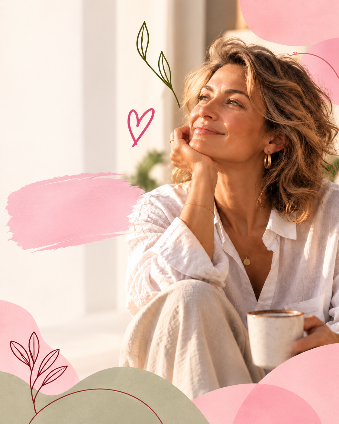 Ilustracija nasmejane žene sa šoljom kafe uz roze dekorativne elemente